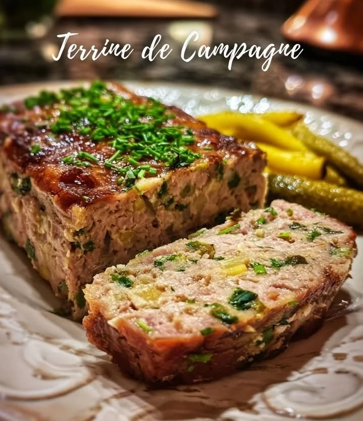 Homemade Country Pâté served with bread and garnished with herbs