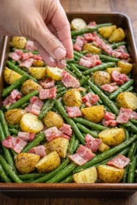 Delicious Country Ranch green beans and potatoes with crispy bacon