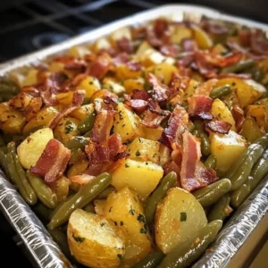 Dish of Country Ranch Green Beans and Potatoes with Bacon served in a bowl