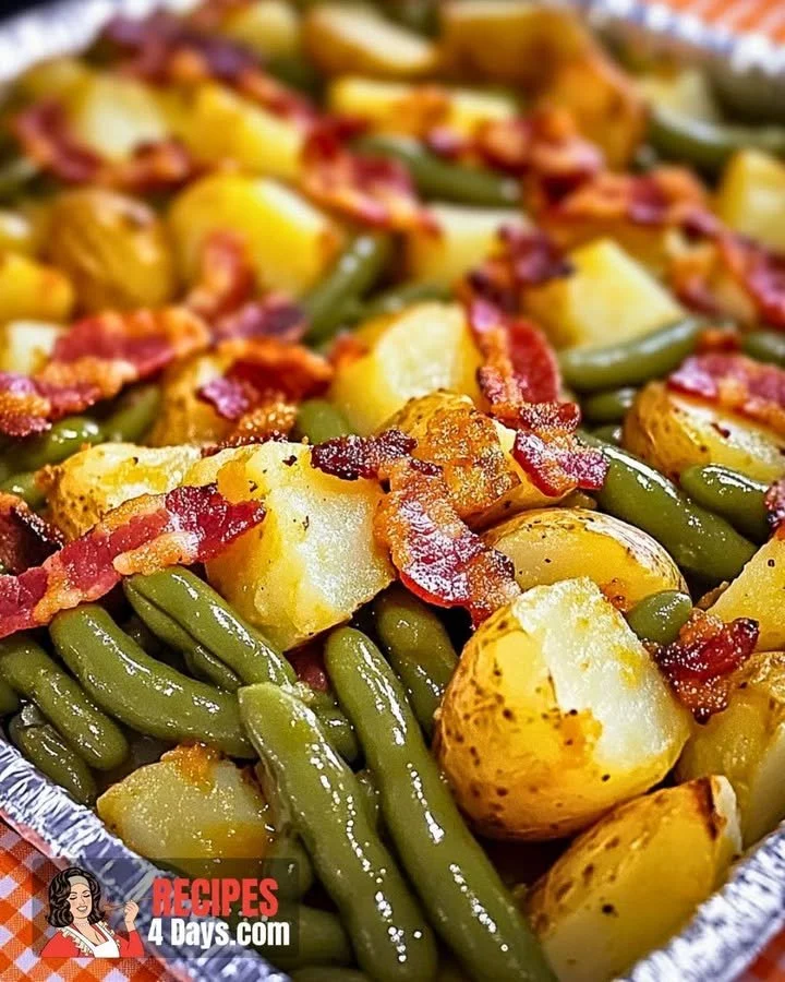 Bowl of Country Ranch green beans and potatoes with crispy bacon