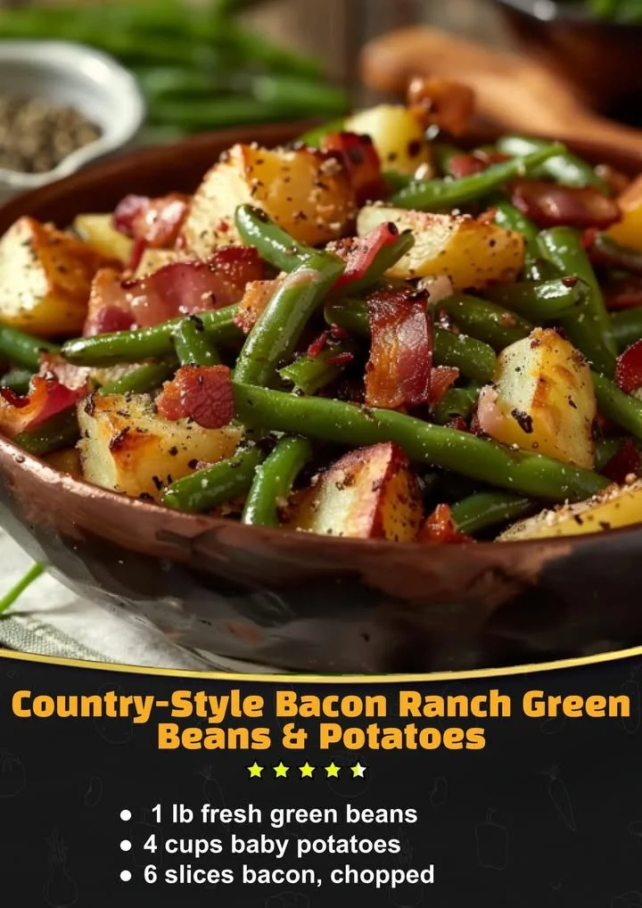 Country-style dish featuring bacon ranch green beans and potatoes
