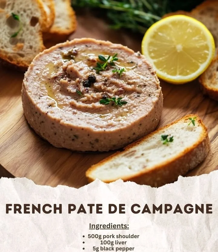 Homemade Country-Style French Pâté served with fresh bread and herbs