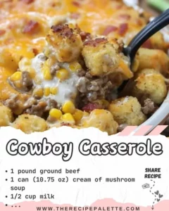 Delicious Cowboy Casserole topped with cheese and served in a rustic dish.