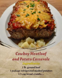 Cowboy Meatloaf topped with a creamy potato casserole in a baking dish.