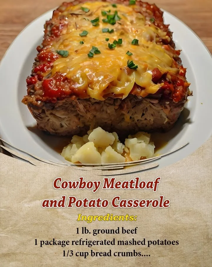 Cowboy Meatloaf topped with a creamy potato casserole in a baking dish.