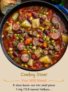 A bowl of hearty Cowboy Stew with meat, potatoes, and mixed vegetables.