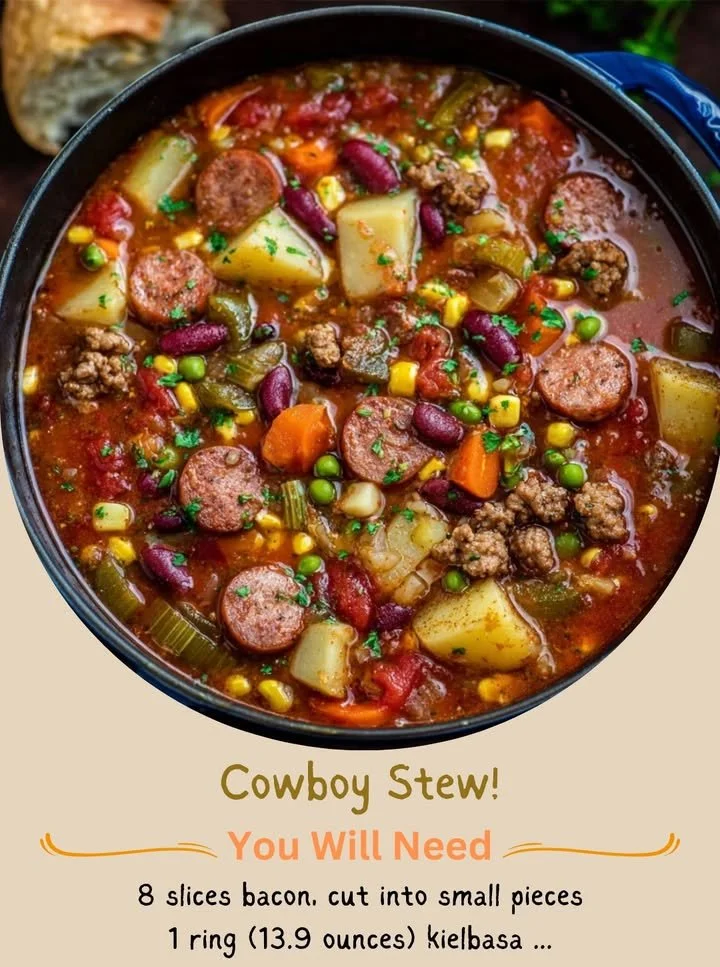 A bowl of hearty Cowboy Stew with meat, potatoes, and mixed vegetables.