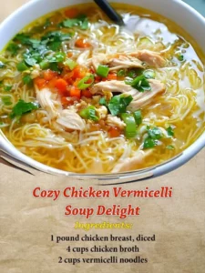 Bowl of cozy Chicken Vermicelli Soup garnished with herbs and spices