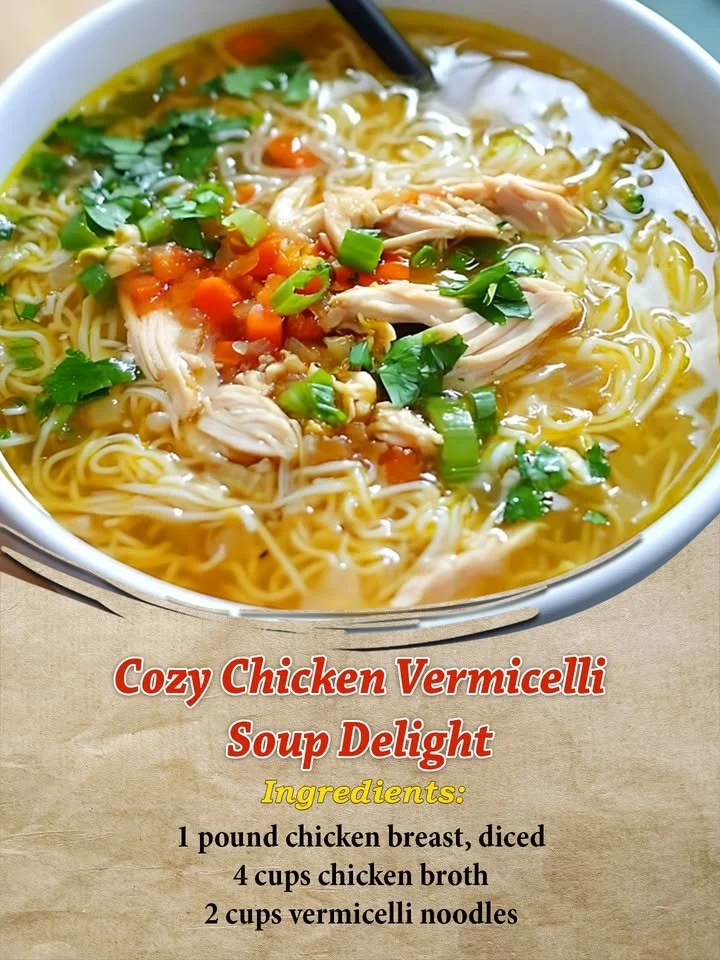 Bowl of cozy Chicken Vermicelli Soup garnished with herbs and spices