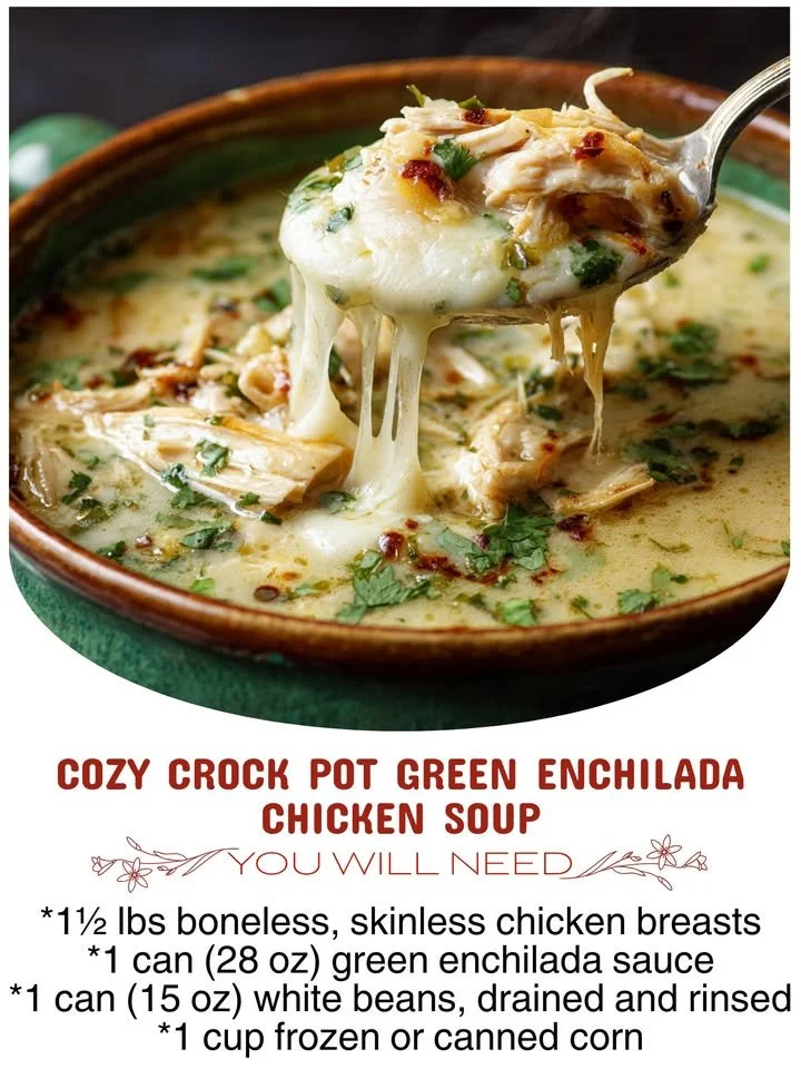 Bowl of cozy crock pot green enchilada chicken soup garnished with cilantro
