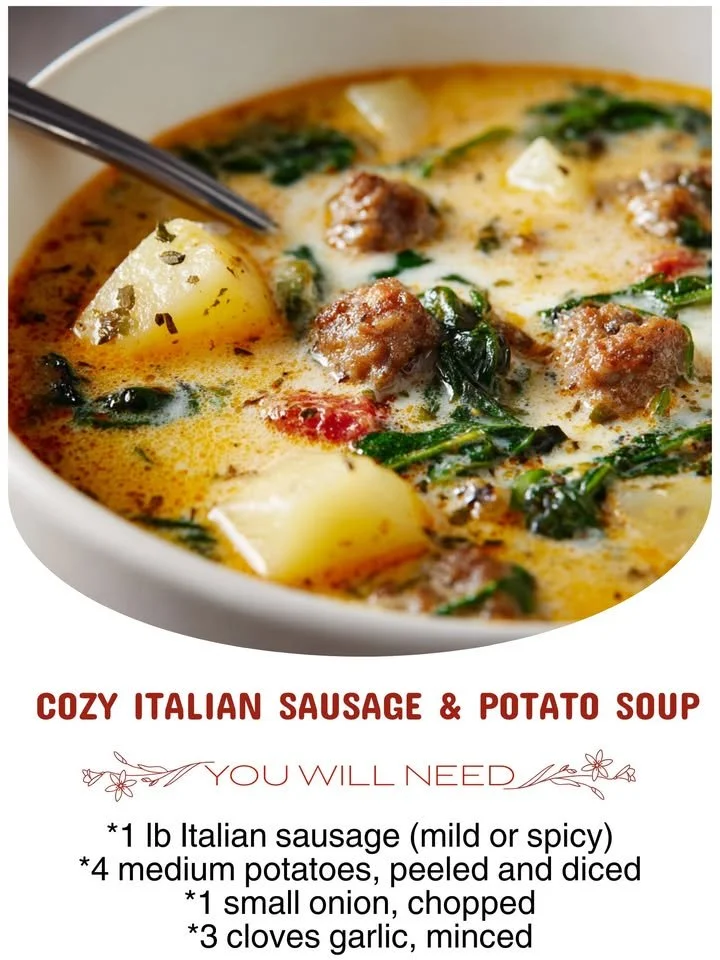 Bowl of cozy Italian sausage and potato soup garnished with fresh herbs.