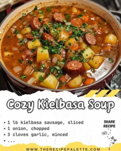 Bowl of cozy Kielbasa soup with vegetables and sausage garnished with parsley.