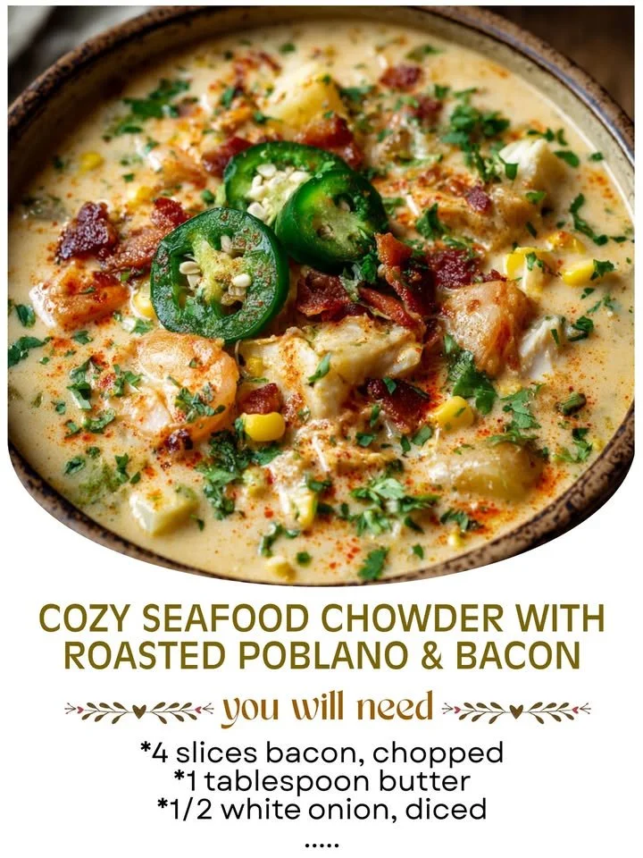 Bowl of cozy seafood chowder with roasted poblano and bacon garnish