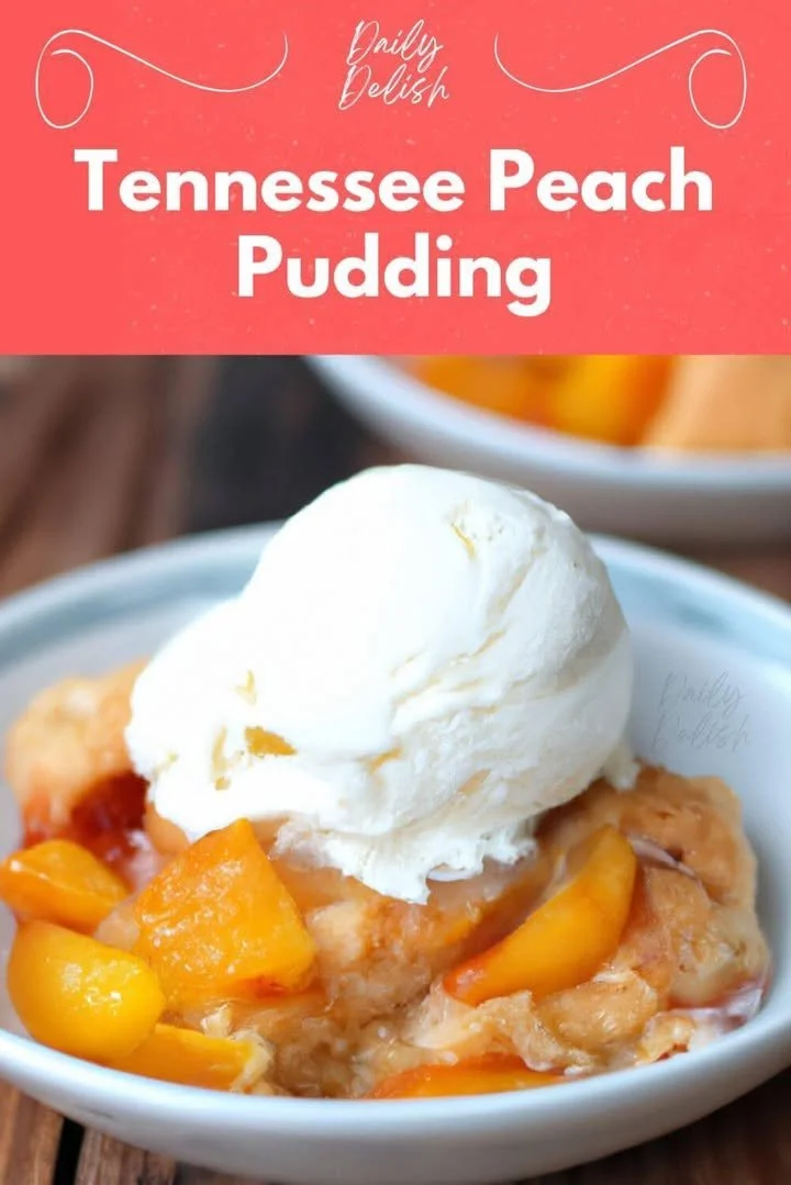 Cozy Tennessee peach pudding served in a rustic bowl with fresh peaches
