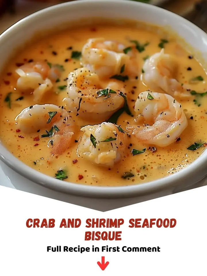 Delicious crab and shrimp seafood bisque served in a bowl garnished with herbs