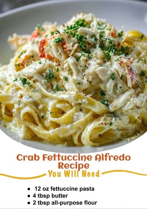 Delicious Crab Fettuccine Alfredo garnished with parsley and served in a bowl