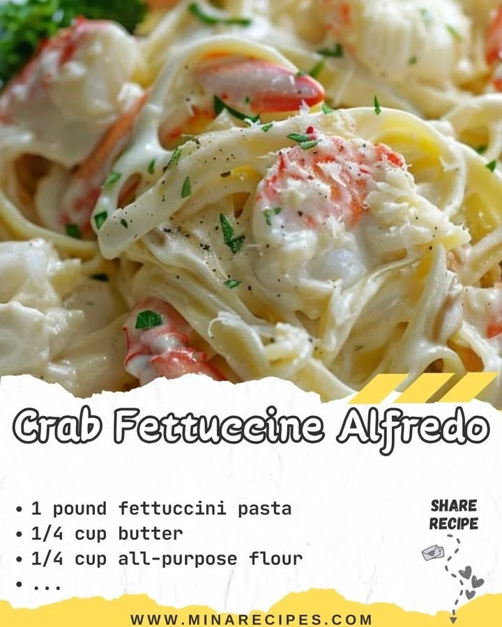 Creamy Crab Fettuccine Alfredo garnished with parsley and served in a white bowl