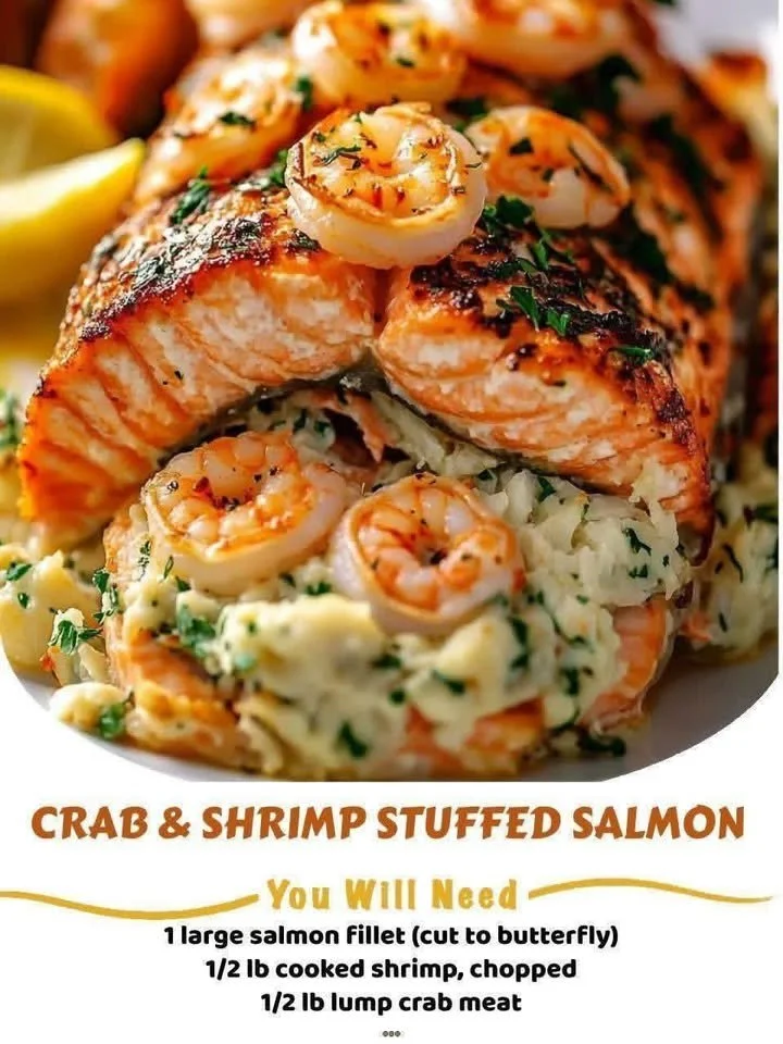 Crab and shrimp stuffed salmon on a plate, garnished with herbs.