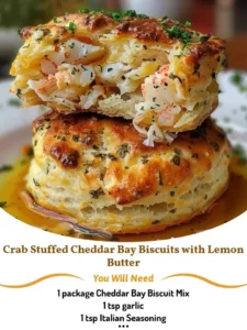 Delicious crab stuffed cheddar bay biscuits drizzled with lemon butter.