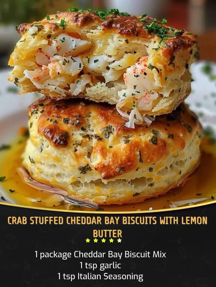 Crab stuffed cheddar bay biscuits topped with lemon butter sauce