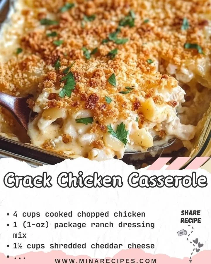 Delicious Crack Chicken Casserole topped with cheese and herbs.