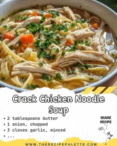 A bowl of creamy Crack Chicken Noodle Soup garnished with herbs and spices.