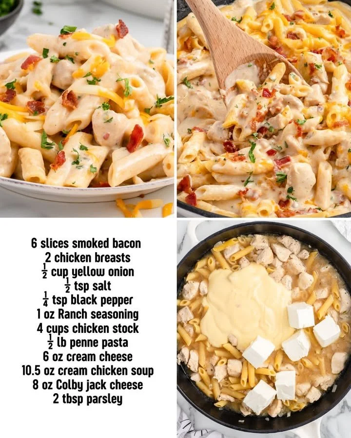 Creamy crack chicken penne dish garnished with parsley
