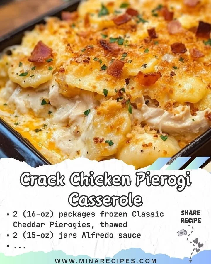 Crack Chicken Pierogi Casserole served in a dish, topped with herbs and cheese.