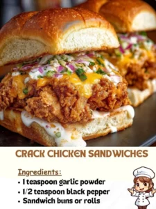 Delicious Crack Chicken Sandwiches piled with creamy chicken and toppings.