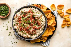 Delicious and creamy Crack Corn Dip served in a bowl with tortilla chips