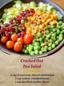 Cracked Out Pea Salad with vibrant peas and toppings in a serving bowl