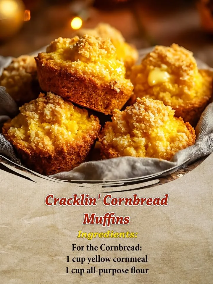 Freshly baked cracklin' cornbread muffins on a wooden table