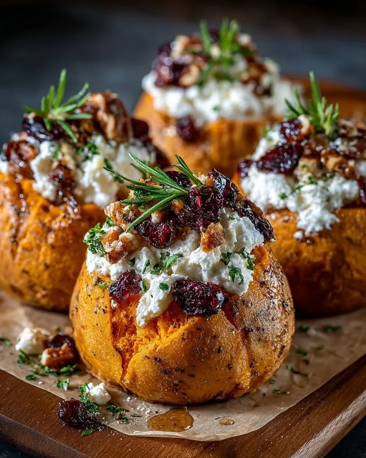 Cranberry Brie & Pecan Stuffed Sweet Potato Bombs with Maple Glaze on a plate