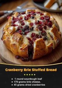 Cranberry Brie Stuffed Bread with melted cheese and cranberries