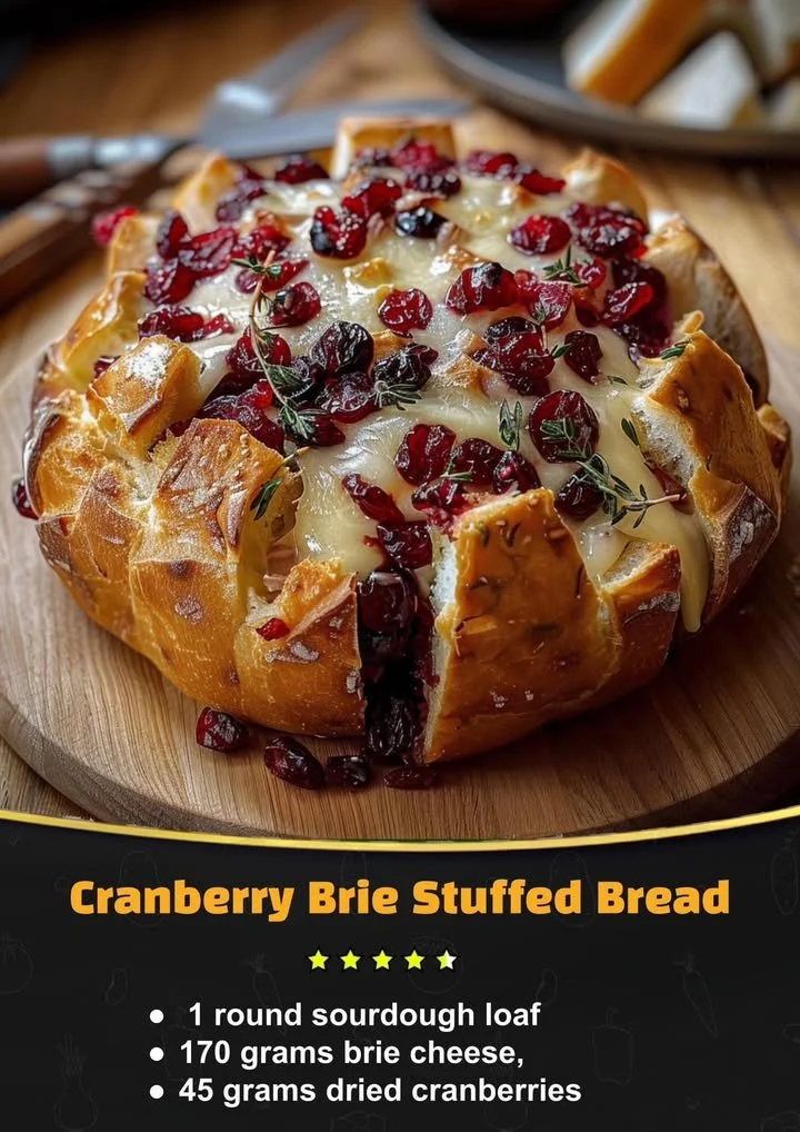 Cranberry Brie Stuffed Bread with melted brie and fresh cranberries