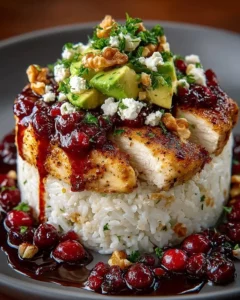 Cranberry Glaze Chicken with Avocado Rice Stack, Feta, and Walnuts dish