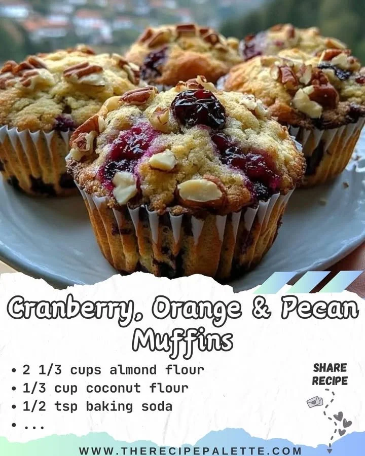 Cranberry, orange, and pecan muffins on a wooden table, freshly baked.