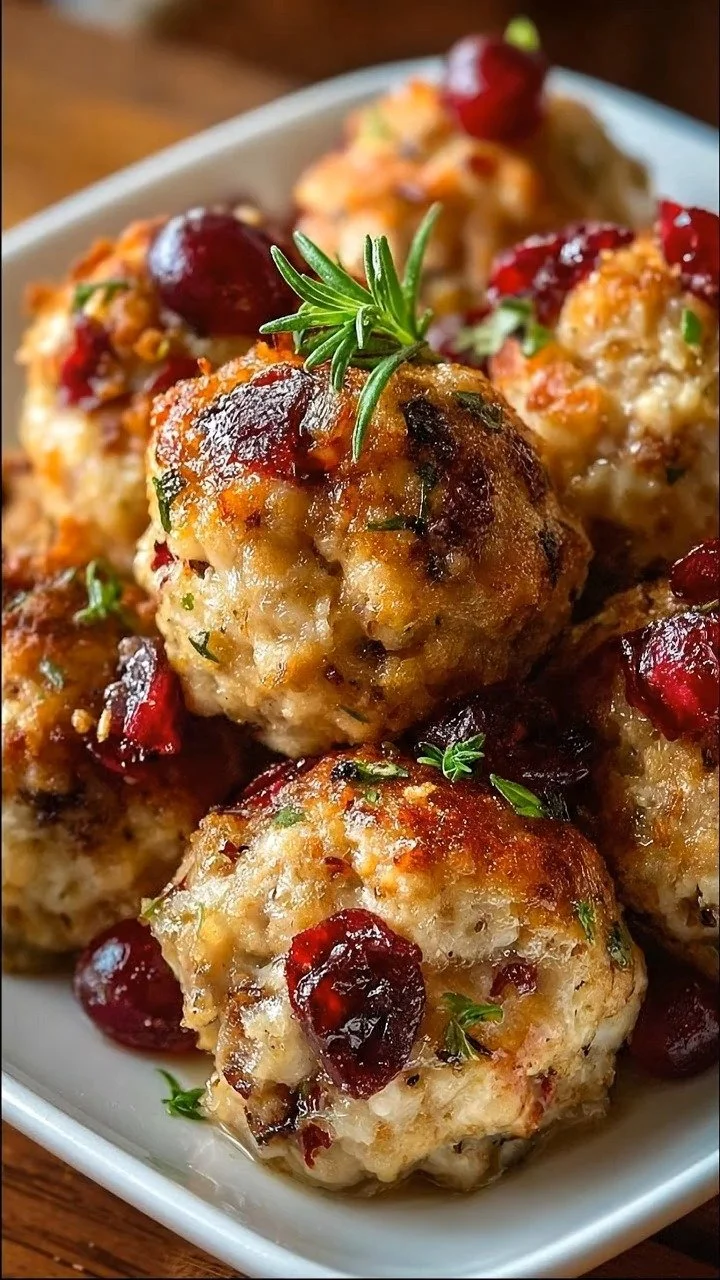 Cranberry Turkey Stuffing Balls served on a festive platter