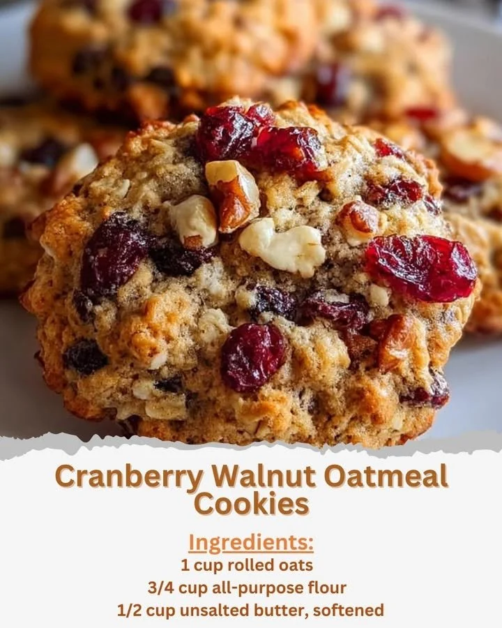 Freshly baked cranberry walnut oatmeal cookies on a cooling rack.