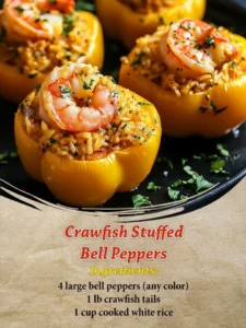Delicious crawfish stuffed bell peppers garnished and ready to serve.