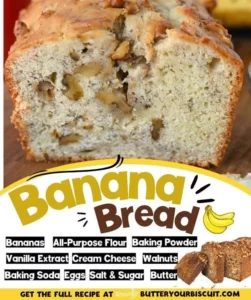 Sliced cream cheese banana bread on a wooden cutting board