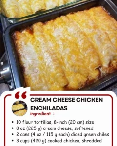 Delicious cream cheese chicken enchiladas topped with sauce and cheese