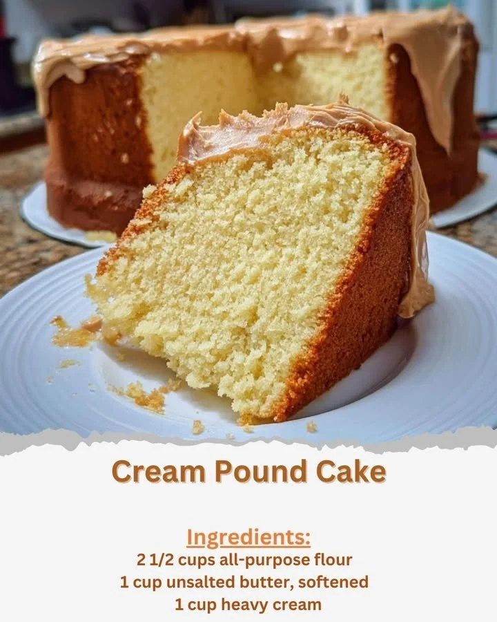 Slice of moist cream pound cake on a white plate with a fork