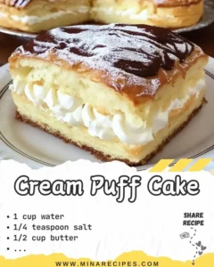Delicious Cream Puff Cake topped with cream and chocolate drizzle