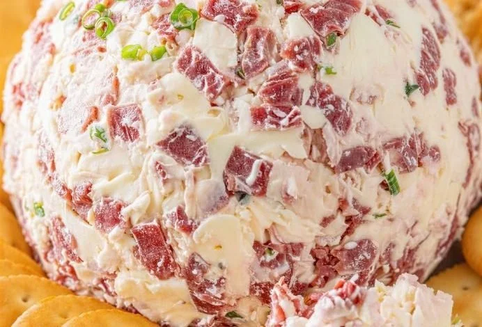 Creamed chipped beef cheese ball served with crackers