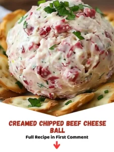Creamed Chipped Beef Cheese Ball served on a platter with crackers