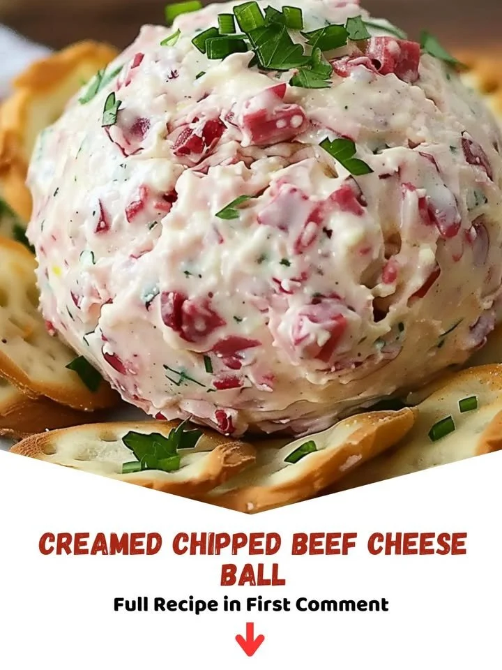 Creamed Chipped Beef Cheese Ball served on a platter with crackers