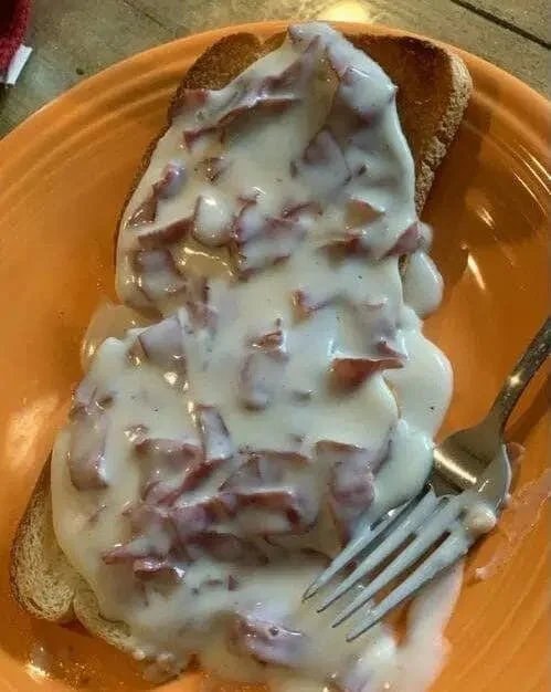 Creamed chipped beef served on toast with garnishes.