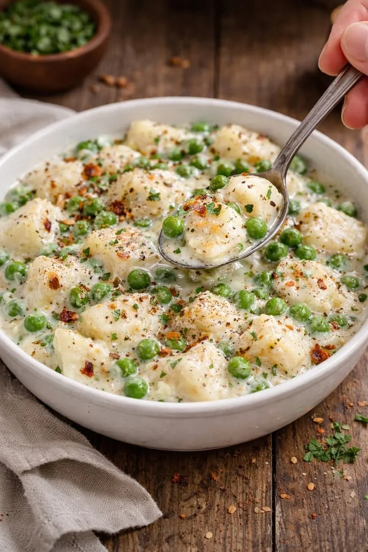 Delicious creamed potatoes with peas served in a bowl