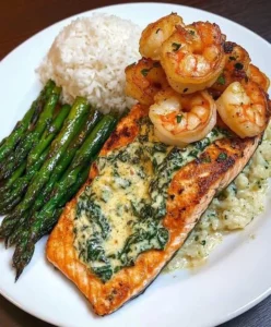 Creamed Spinach-Stuffed Salmon topped with Garlic Shrimp served on a plate